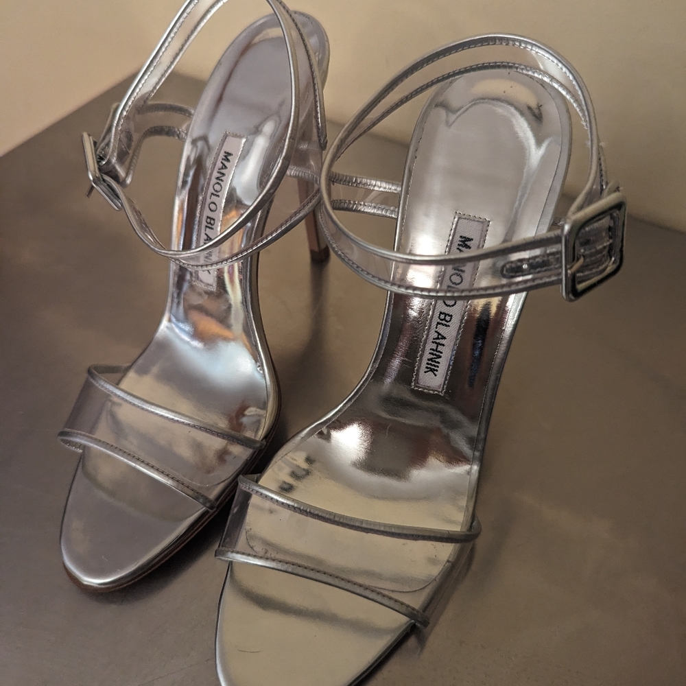Manolo Blahnik stiletto silver chrome sandals